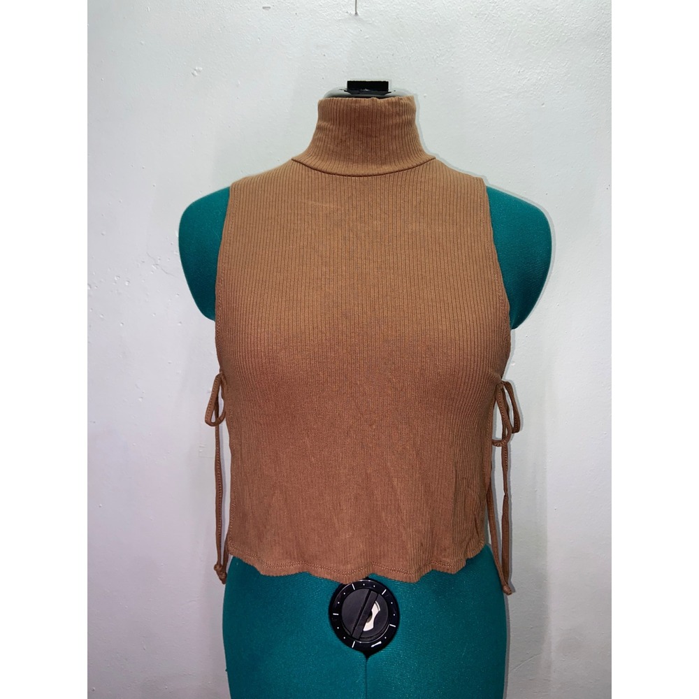 Love Charm Brown Ribbed Sleeveless Turtleneck Side Tie Crop Top Vest Tank Top M